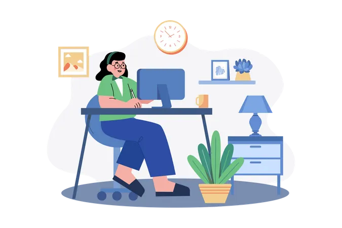 Femme travaillant à son bureau à la maison  Illustration