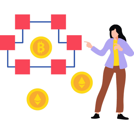 Femme travaillant sur la blockchain Bitcoin  Illustration