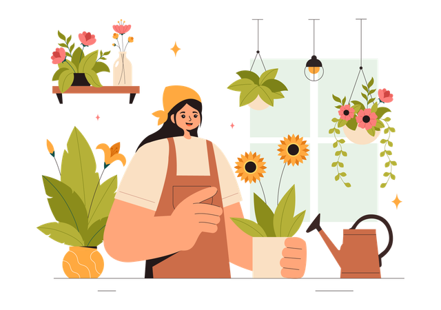 Femme travaillant dans un magasin de fleurs  Illustration