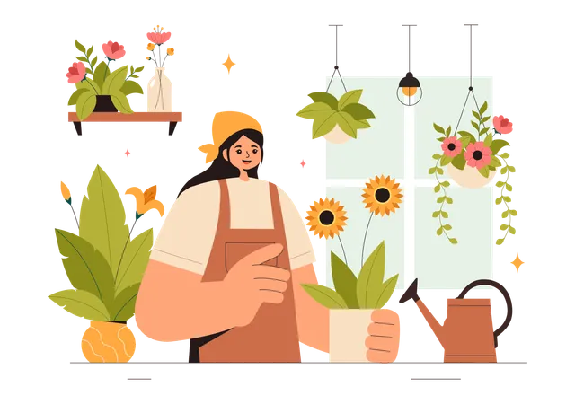 Femme travaillant dans un magasin de fleurs  Illustration