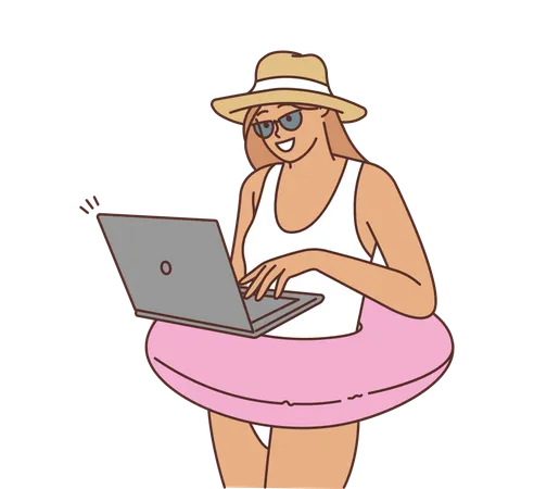 Femme travaillant depuis la plage  Illustration