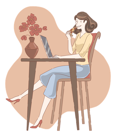 Femme travaillant au café  Illustration