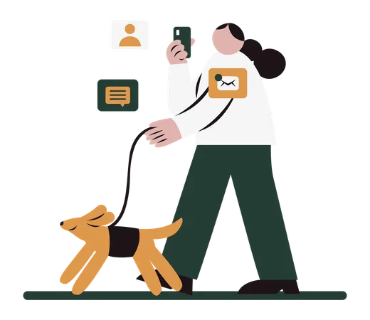 Femme travaillant en marchant avec un chien  Illustration