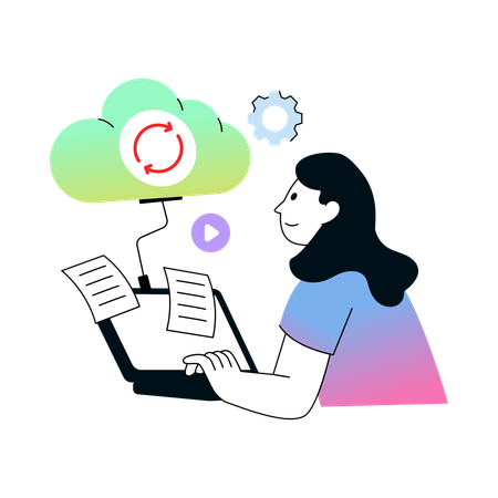 Femme travaillant sur la synchronisation des données dans le cloud  Illustration