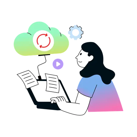 Femme travaillant sur la synchronisation des données dans le cloud  Illustration