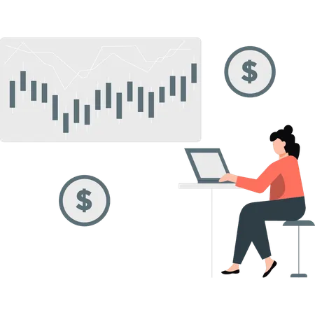 Femme travaillant sur un graphique boursier  Illustration