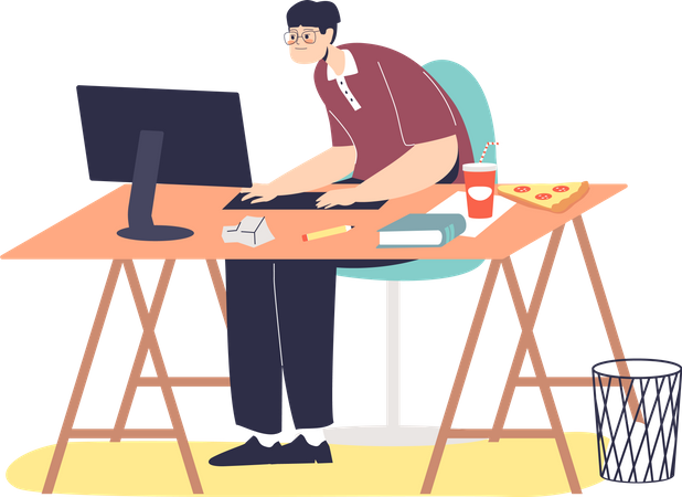 L'homme travaillant sur l'ordinateur souffre d'une mauvaise posture  Illustration