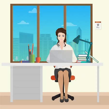 Femme travaillant sur un bureau au bureau  Illustration