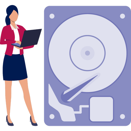 Femme travaillant sur un disque dur  Illustration