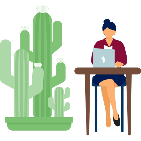 Femme travaillant sur une plante de cactus à doigts sur un ordinateur portable  Illustration