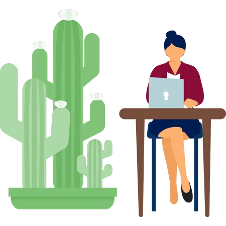 Femme travaillant sur une plante de cactus à doigts sur un ordinateur portable  Illustration