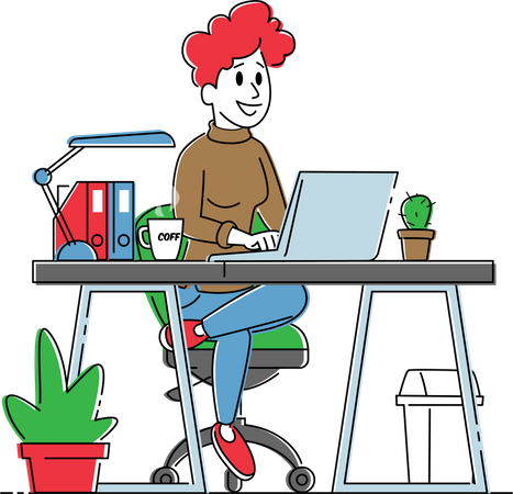 Femme travaillant sur un ordinateur portable assise à un bureau avec un travail de tasse  Illustration