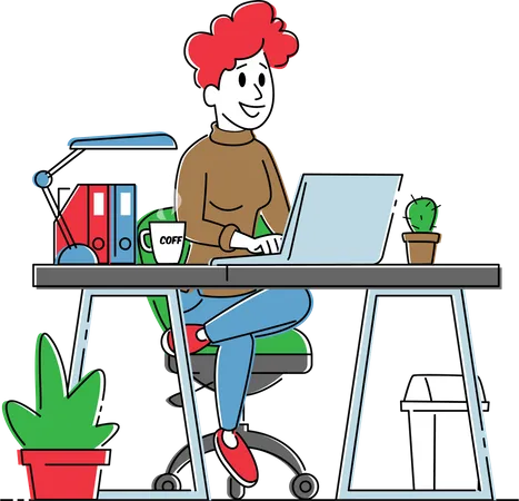 Femme travaillant sur un ordinateur portable assise à un bureau avec un travail de tasse  Illustration