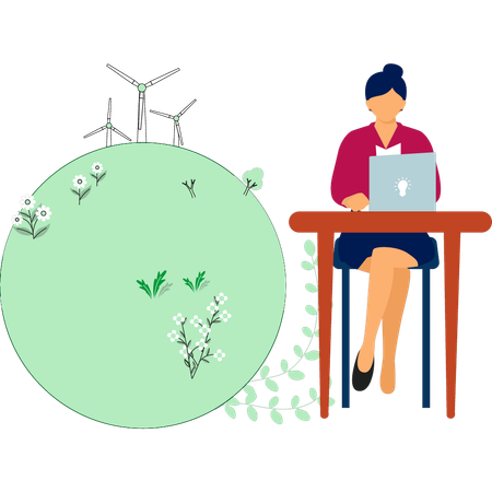 Femme travaillant sur un ordinateur portable pour l'énergie éolienne mondiale  Illustration