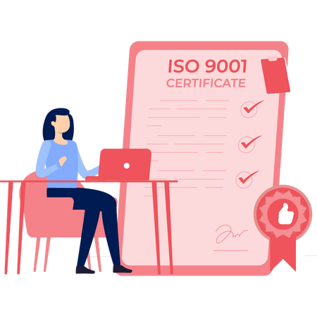 Femme travaillant sur un ordinateur portable pour préparer le certificat ISO 9001  Illustration