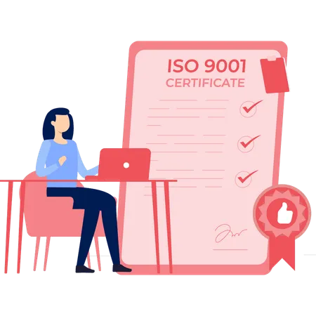 Femme travaillant sur un ordinateur portable pour préparer le certificat ISO 9001  Illustration