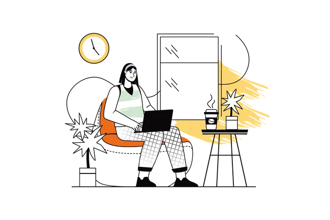 Femme travaillant sur un ordinateur portable sur le lieu de travail  Illustration