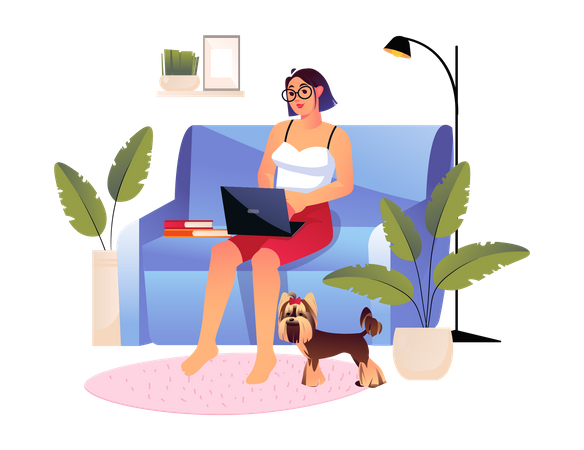 Femme travaillant sur un ordinateur portable alors qu'elle était assise sur un canapé  Illustration