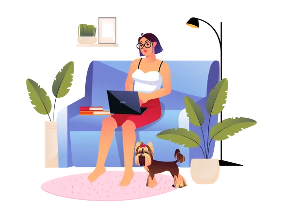 Femme travaillant sur un ordinateur portable alors qu'elle était assise sur un canapé  Illustration