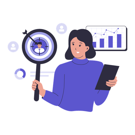 Femme travaillant sur un public cible commercial  Illustration