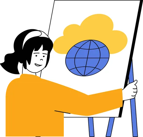 Une femme travaille sur un réseau cloud mondial  Illustration