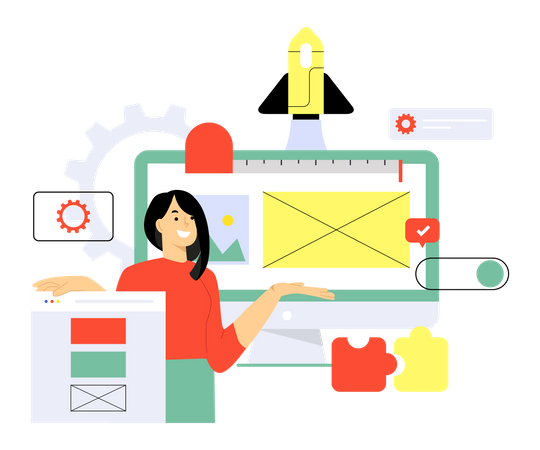 Femme travaillant sur le site Web d'une startup  Illustration