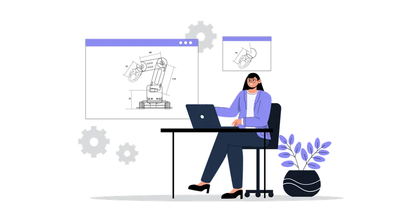 Femme travaillant sur la conception d'une machine  Illustration