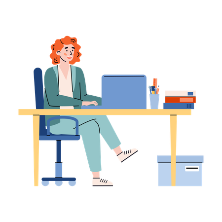 Une femme travaille au bureau avec un ordinateur portable  Illustration