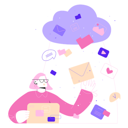 Une femme travaille avec des fichiers cloud virtuels  Illustration