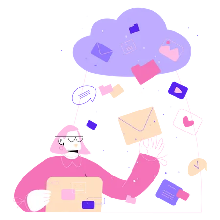 Une femme travaille avec des fichiers cloud virtuels  Illustration