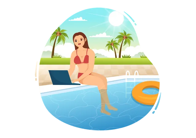 Femme travaillant en vacances  Illustration