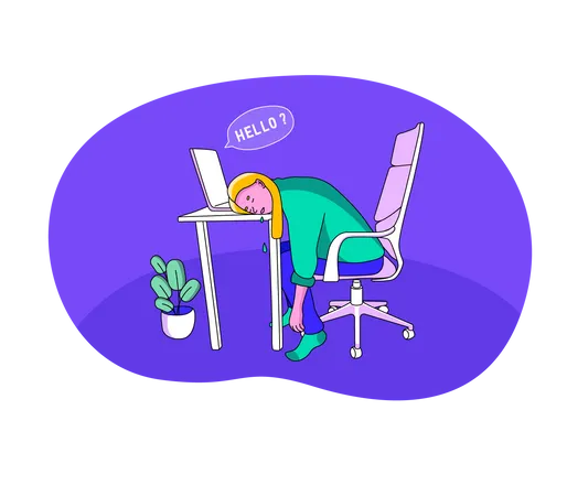 Femme qui travaille fatiguée, dort sur le bureau  Illustration