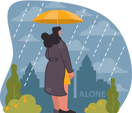 Femme triste abritée par un petit parapluie sous la pluie  イラスト