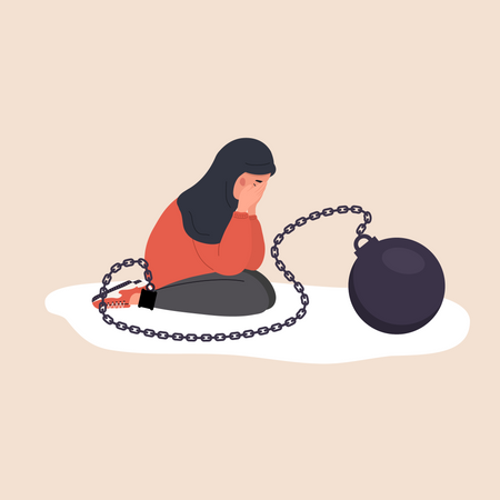 Femme triste avec une lourde boule de démolition se sentant malheureuse  Illustration