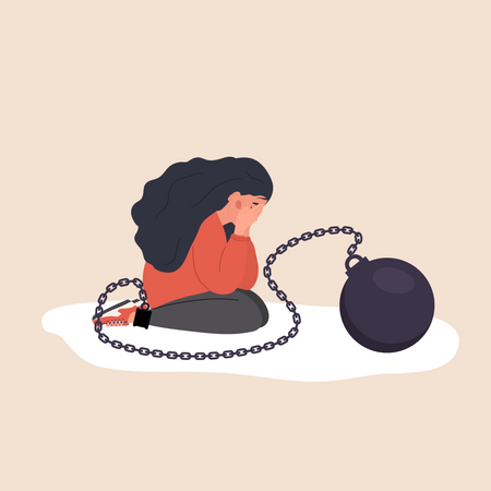 Femme triste avec une lourde boule de démolition se sentant malheureuse  Illustration