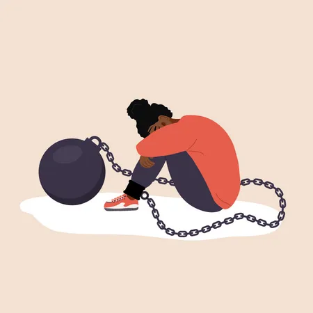 Femme triste avec une lourde boule de démolition ayant des problèmes mentaux  Illustration