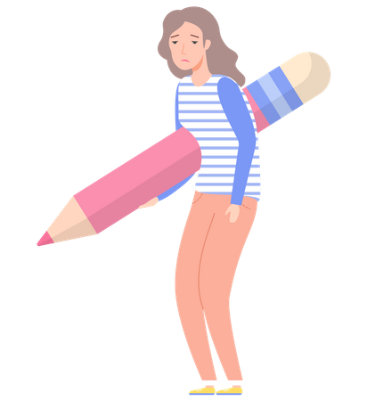Femme triste tenant un gros crayon  Illustration