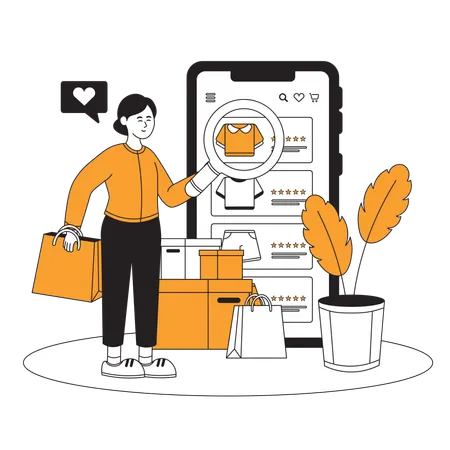 Une femme trouve de bons vêtements sur une application de commerce électronique  Illustration