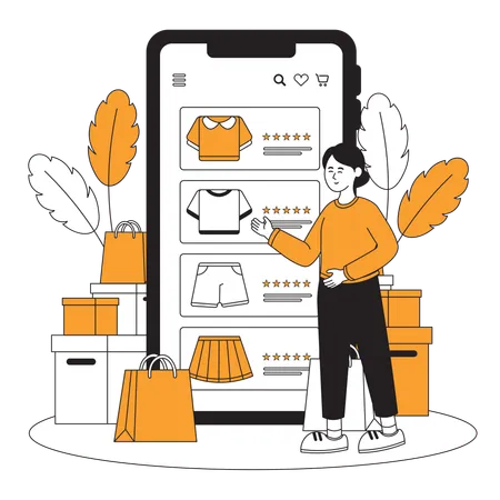 Une femme trouve les vêtements les mieux notés sur une application de commerce électronique  Illustration