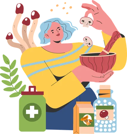 Une femme utilise des champignons pour fabriquer des médicaments  Illustration