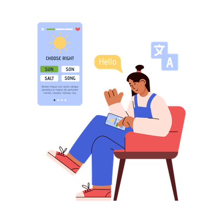 Une femme utilise une application de cours de langues étrangères en ligne  Illustration