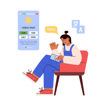 Une femme utilise une application de cours de langues étrangères en ligne  Illustration