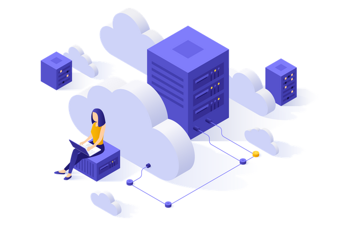 Femme utilisant une base de données cloud  Illustration