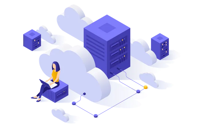 Femme utilisant une base de données cloud  Illustration