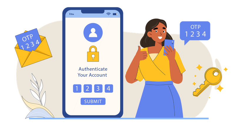 Femme utilisant l'authentification OTP pour sécuriser la connexion  Illustration