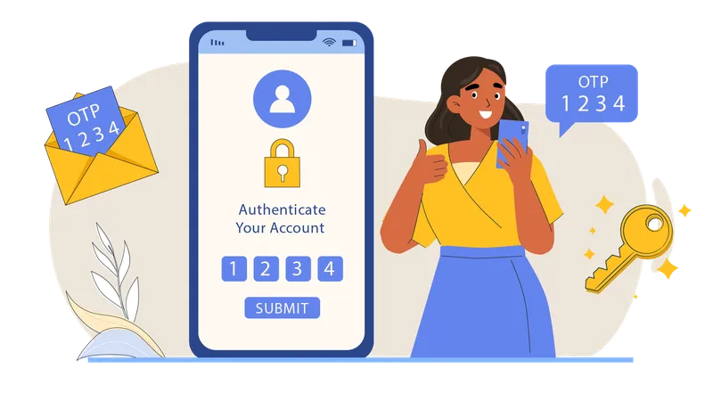 Femme utilisant l'authentification OTP pour sécuriser la connexion  Illustration
