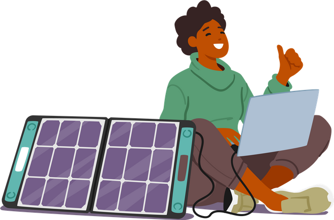 Femme utilisant l’énergie solaire pour alimenter son ordinateur portable  Illustration