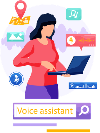 Femme utilisant un assistant vocal dans un navigateur sur un ordinateur portable  Illustration