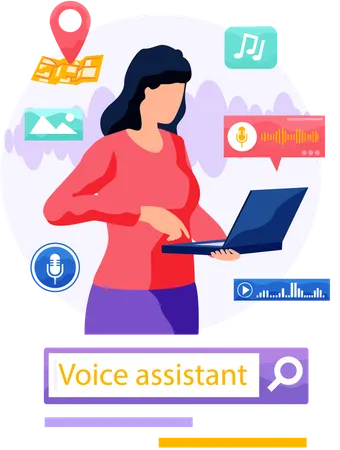 Femme utilisant un assistant vocal dans un navigateur sur un ordinateur portable  Illustration