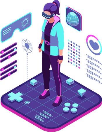 Une femme utilise un casque VR pour faire des présentations  Illustration